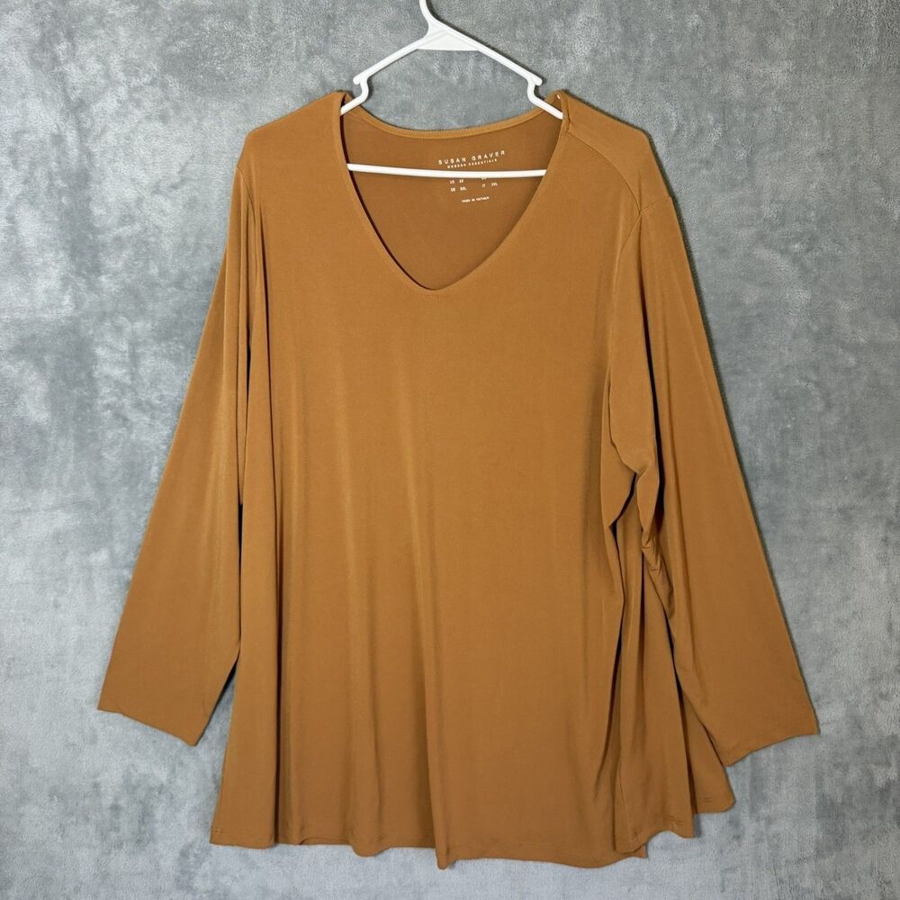 Susan Graver Plus 2X Top Mustard Yellow Long Sleeve V Neck Modern Liquid Knit